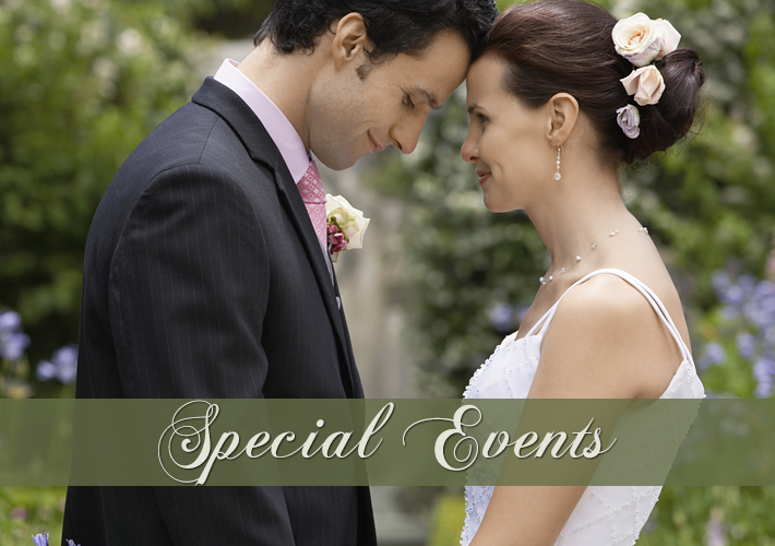 A bride and groom stand close, touching foreheads and smiling softly at each other, surrounded by greenery. “Special Events” is written in elegant script across the image.